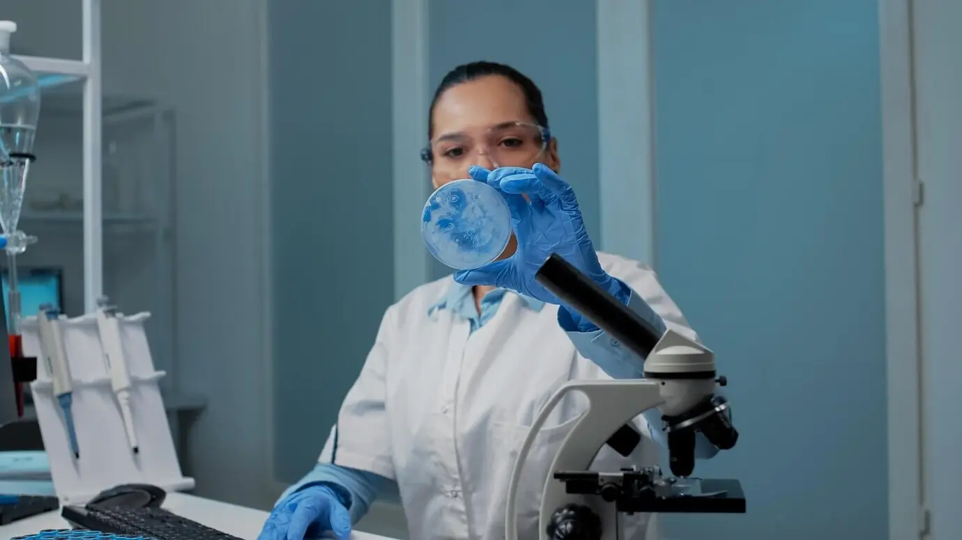 Portrait of a doctor of chemistry conducting scientific investigation in a laboratory with chemical equipment. A woman using a Petri dish to design DNA on a computer, with a microscope and a vacutainer.